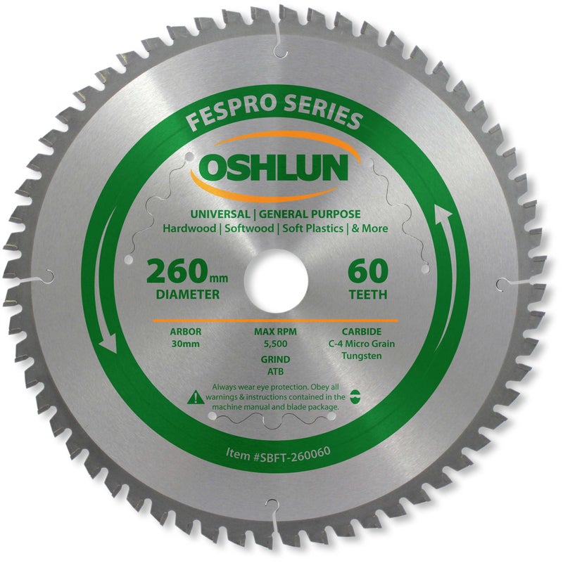شفرة منشار Oshlun SBFT-260060 بقطر 260 مم و60 سنًا للاستخدام العام ATB مع عمود 30 مم لآلة Festool Kapex KS 120